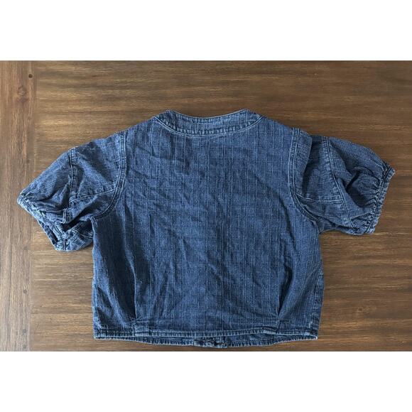Cropped Jacket Womens Small Puff Sleeve Blue Denim Buttons Heart Pockets KUOSE - Picture 16 of 16